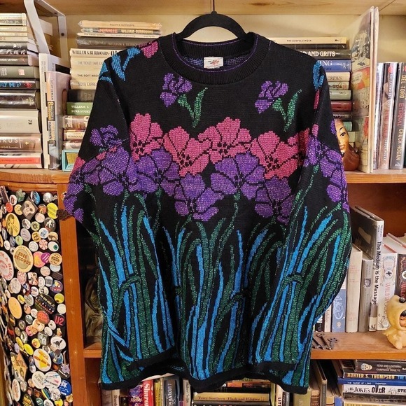 Nutcracker Sweaters - Vintage 90s Nutcracker 2X Floral Tinsel Sparkle Sweater Made in USA Black